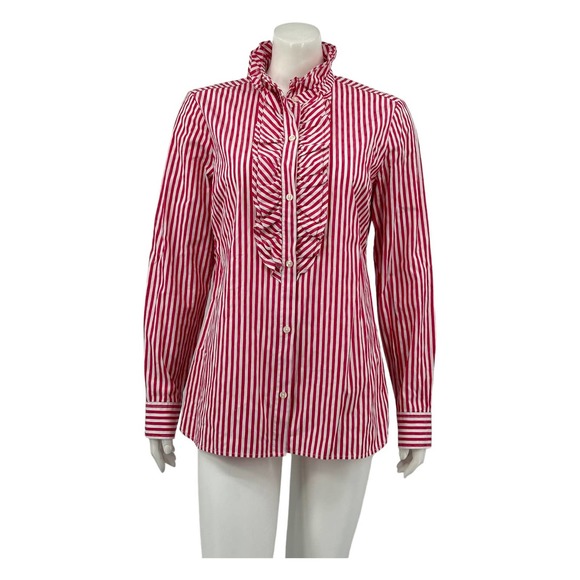 Vineyard Vines Womens Button Front Top 10 Red White Stripe 100% Cotton Ruffles - Picture 1 of 6